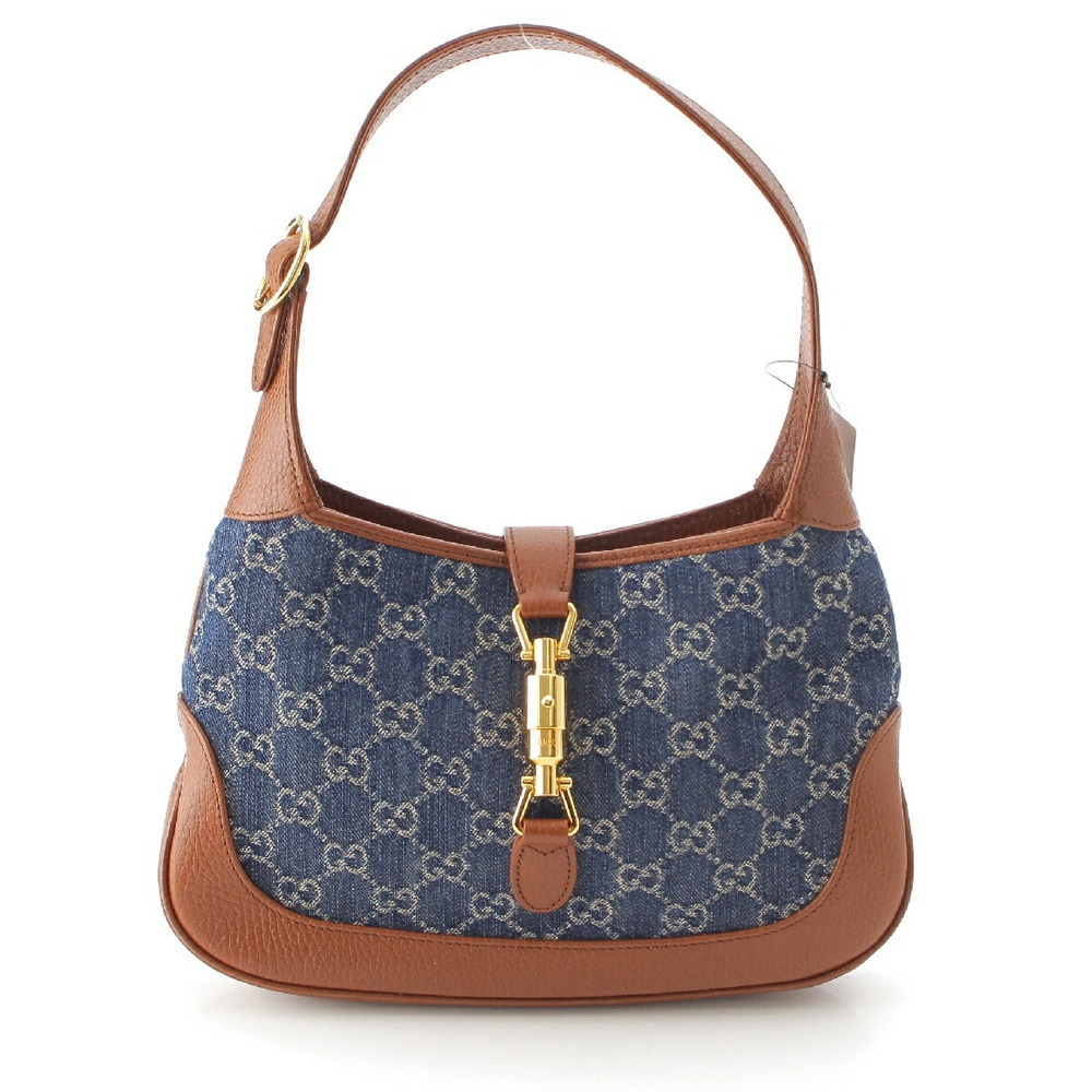 Gucci Jackie GG Denim Leather One Handle Shoulder Bag Indigo Blue Brown
